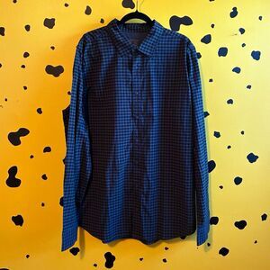 Fresh Clean Threads Mens  XL Tall Black Navy Gingham Long Sleeve Button Up
